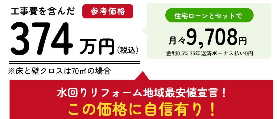 工事費を含んだ参考価格374万円（税込）水回りリフォーム地域最安値宣言！この価格に自身有り！